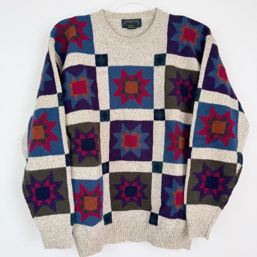 Charter Club Geometric Quilt Pattern Crewneck Sweater Wool Blend Women Small EUC